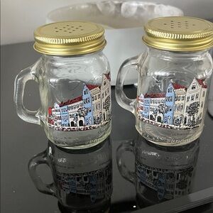 Glass Mason Jar (Charleston Rainbow Row) Salt and Pepper Shakers with Gold Lids